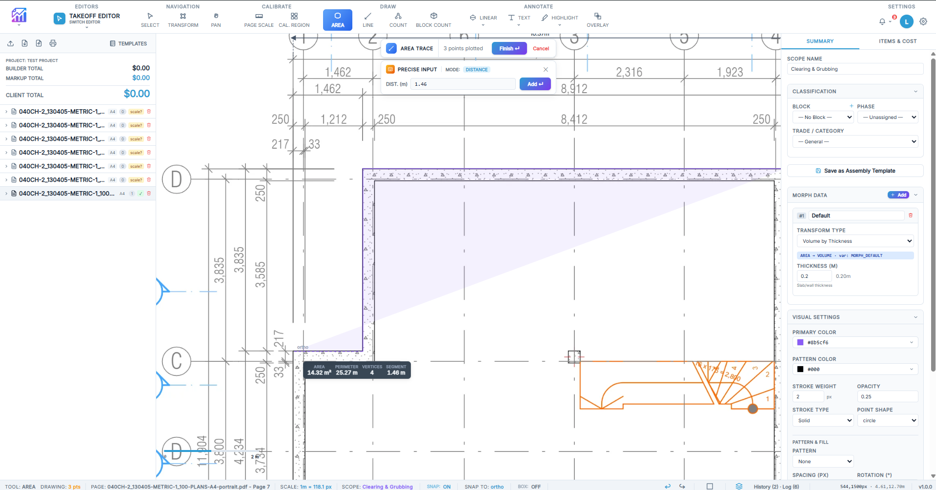 Takeoff Editor Interface showing Precise Measurements