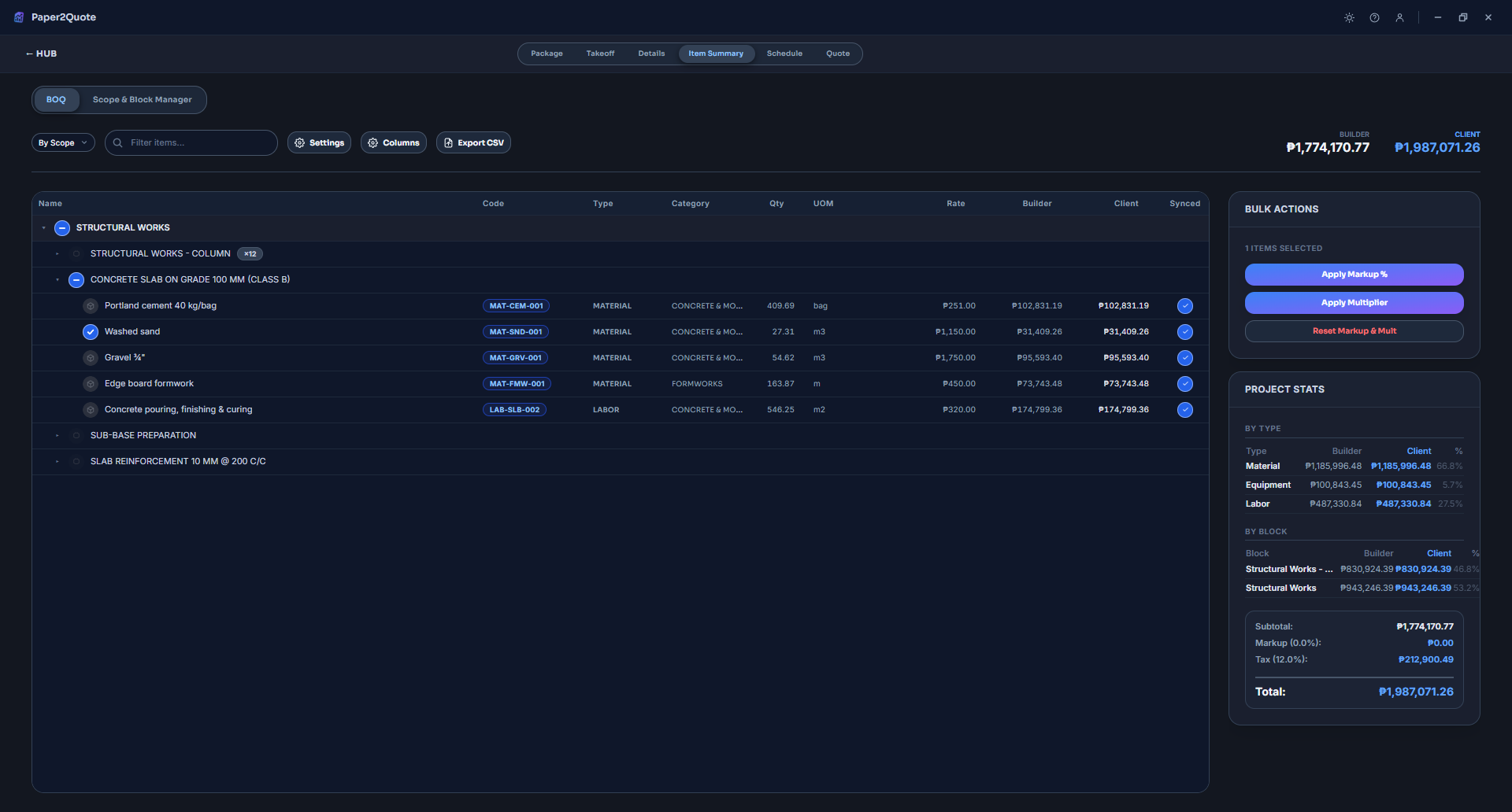 BOQ tables stay legible at any brightness.