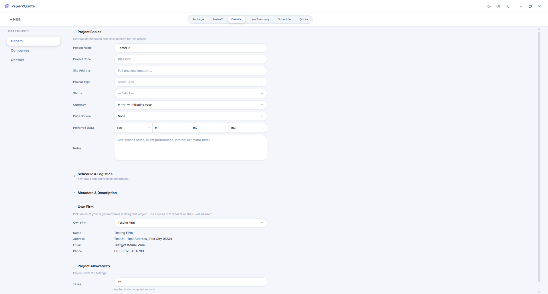 Capture project context — site, currency, own firm, allowances — before the BOQ.