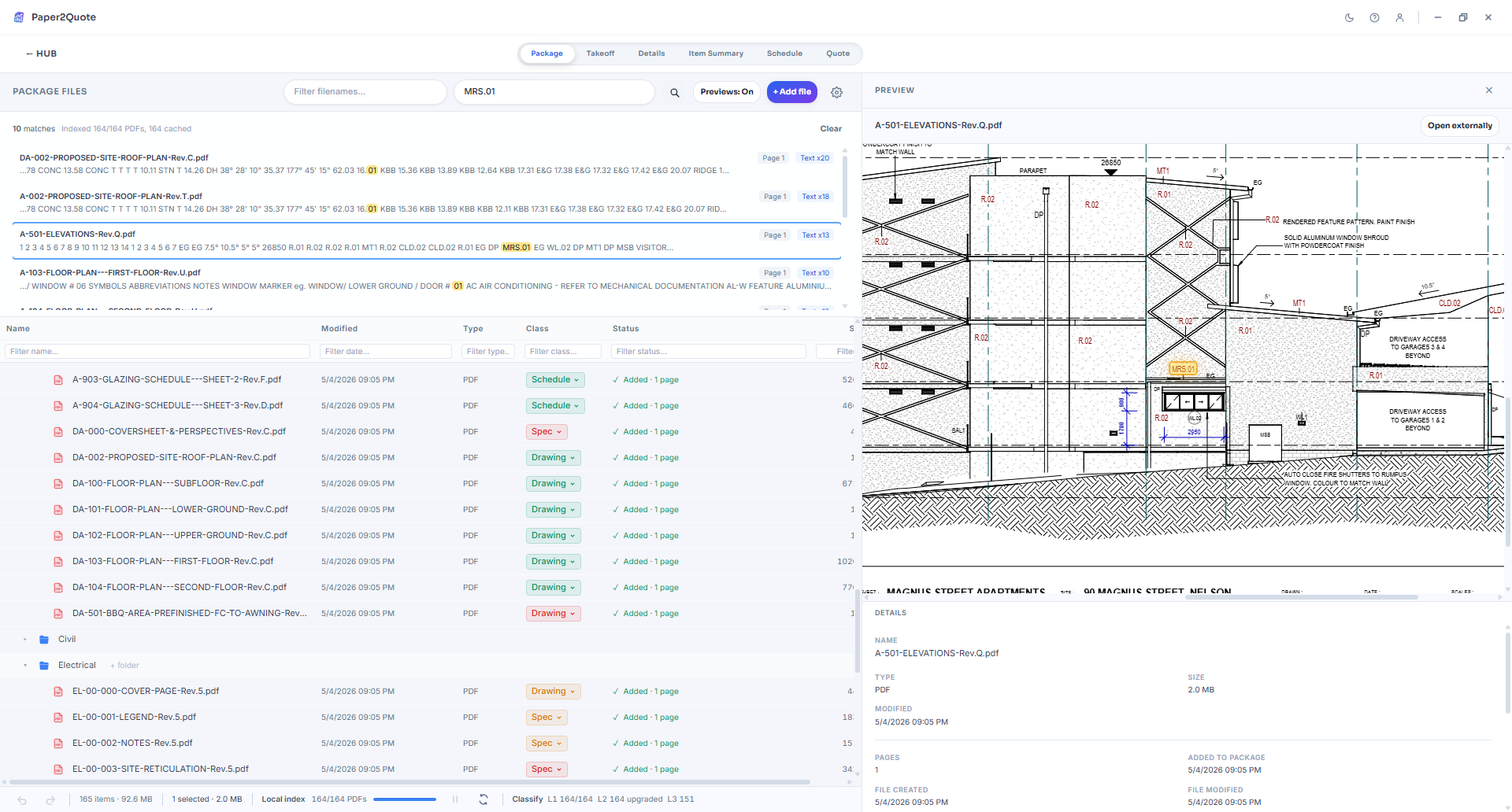 Organize the bid set — drawings, specs, schedules — in a classified file tree.