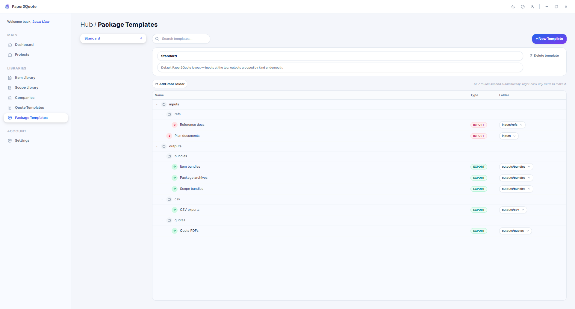 Package templates standardize folder conventions across every bid your firm runs.