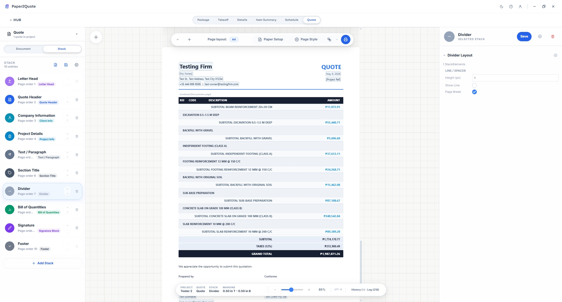 Drop the BOQ onto a quote canvas. Drag stacks, attach branding, export PDF.