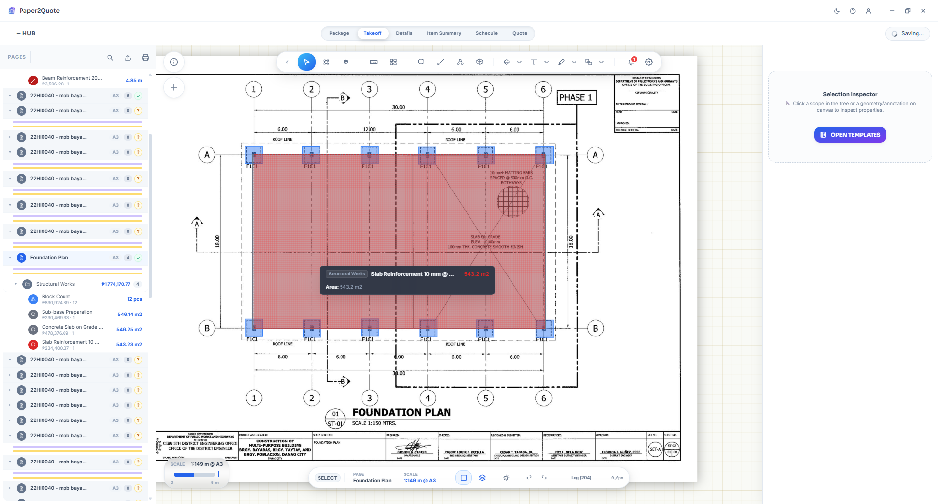 Calibrate, draw, and price scopes directly on the plan with live cost preview.